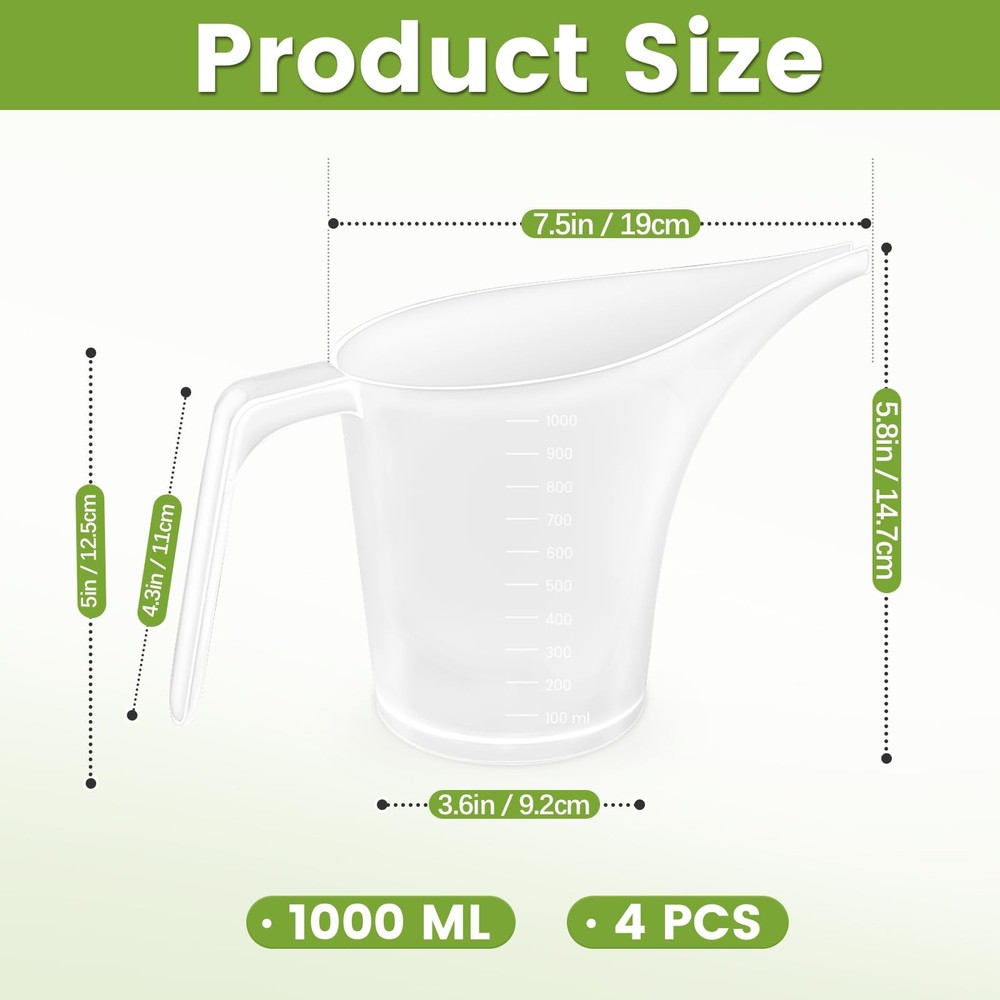 4 Pack Plastic Funnel Pitcher,Measuring Cup with Long Large, Clear