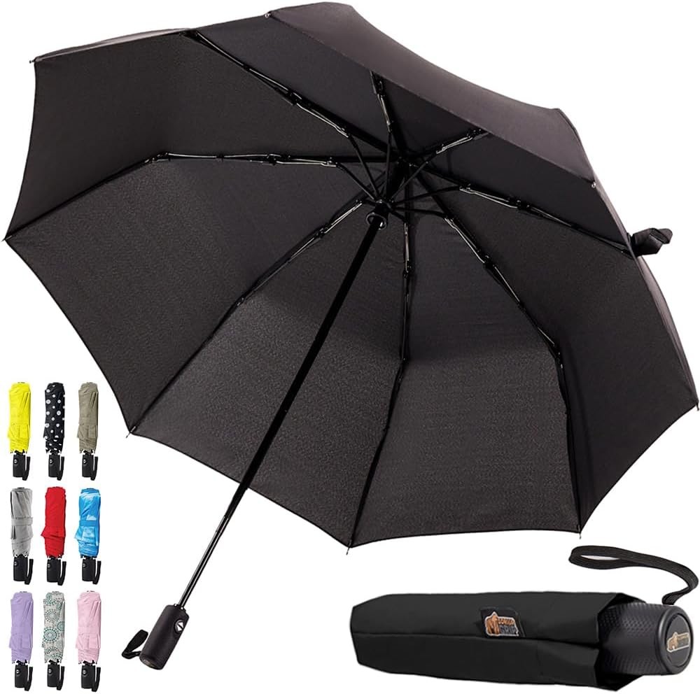GORILLA GRIP Strong Windproof Stick Compact Umbrella for Rain, One-Click Automat