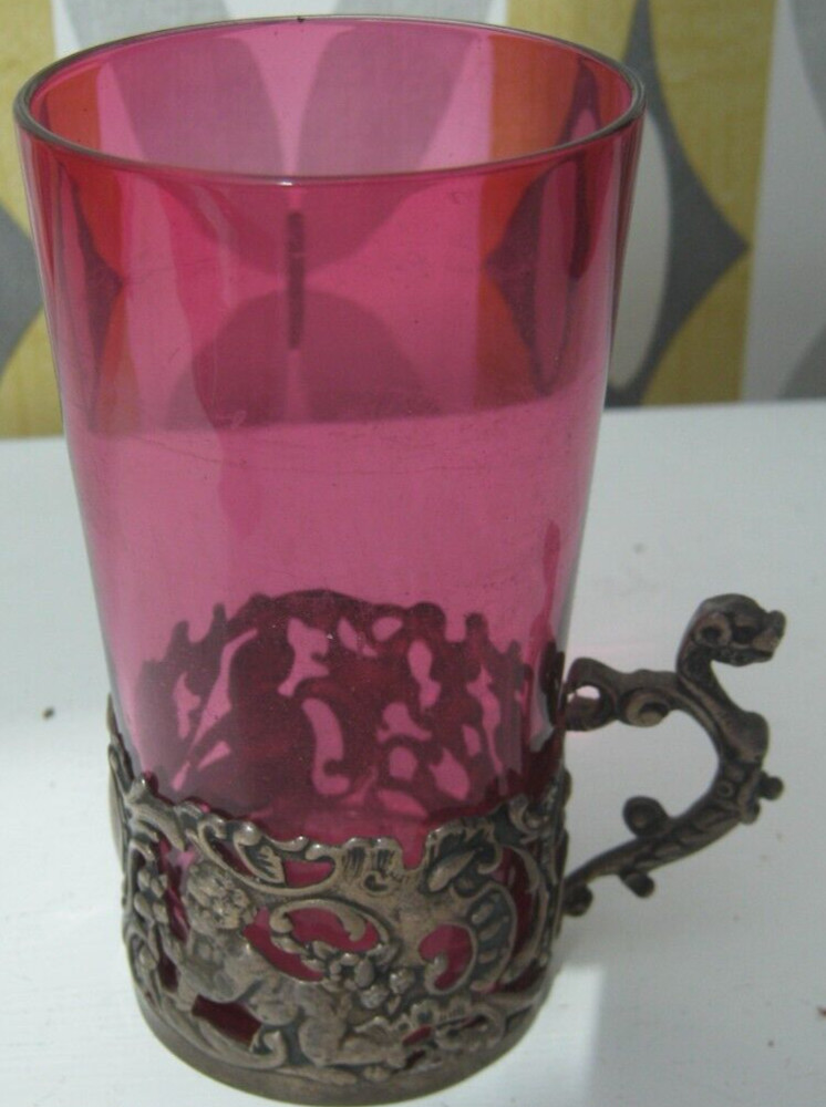 Birmingham 1894 Sterling Silver & Cranberry Glass Cup With Cherubs William Comym