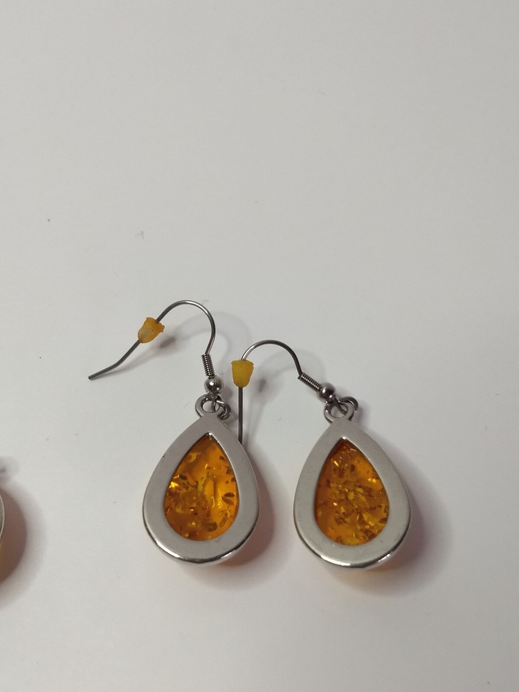 Amber Stone Silver Dangle Earrings & Necklace Set Statement Boho Western