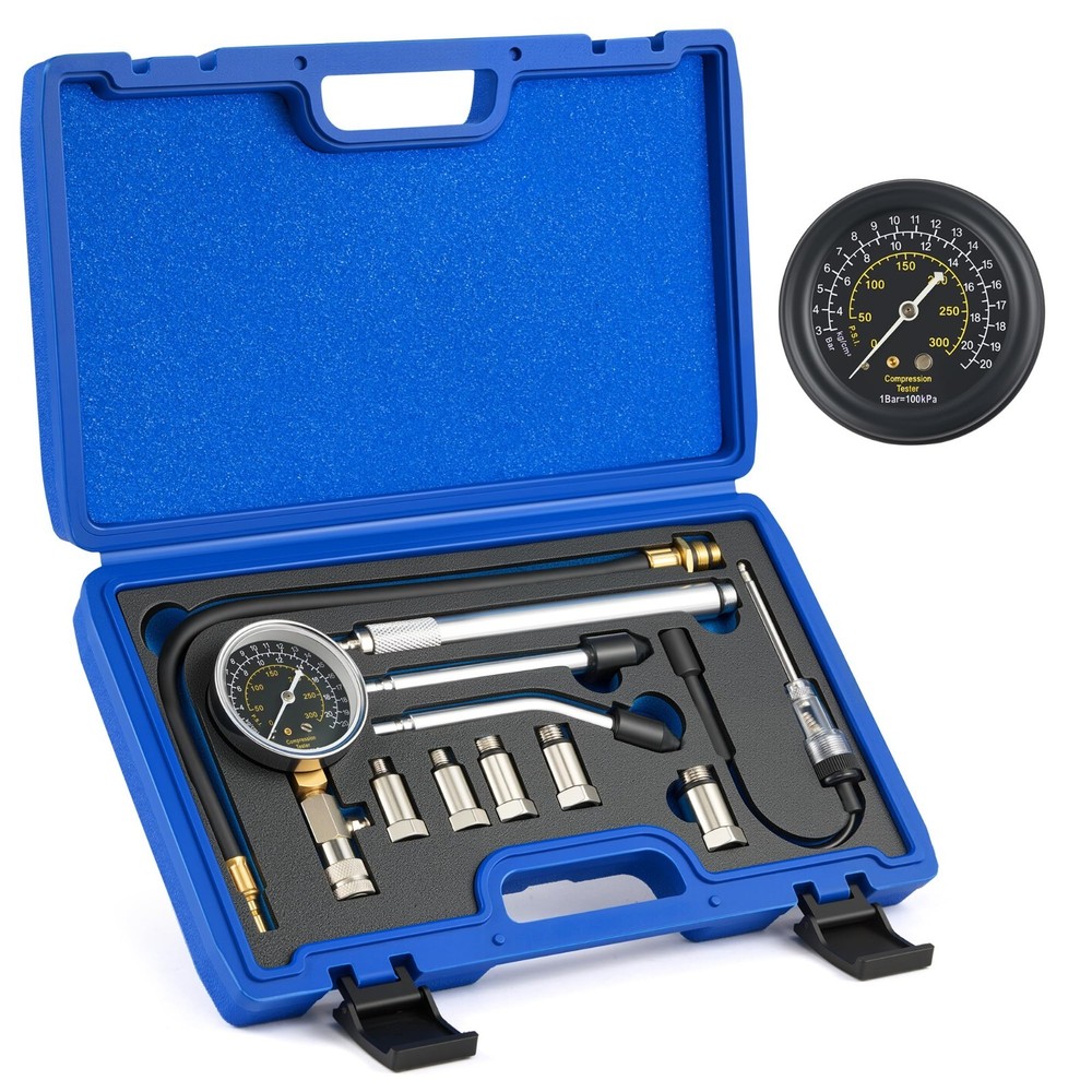 Engine Compression Tester Kit - 11pc Cylinder Pressure Gauge & Spark Plug Tester