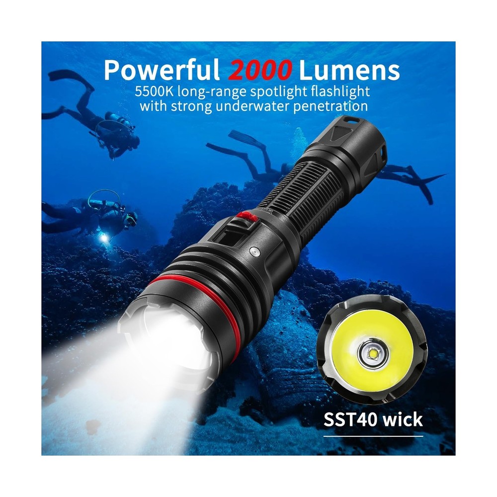 LetonPower Dive Light, Underwater Flashlight, 2000Lumens Dive Lights Scuba Di...