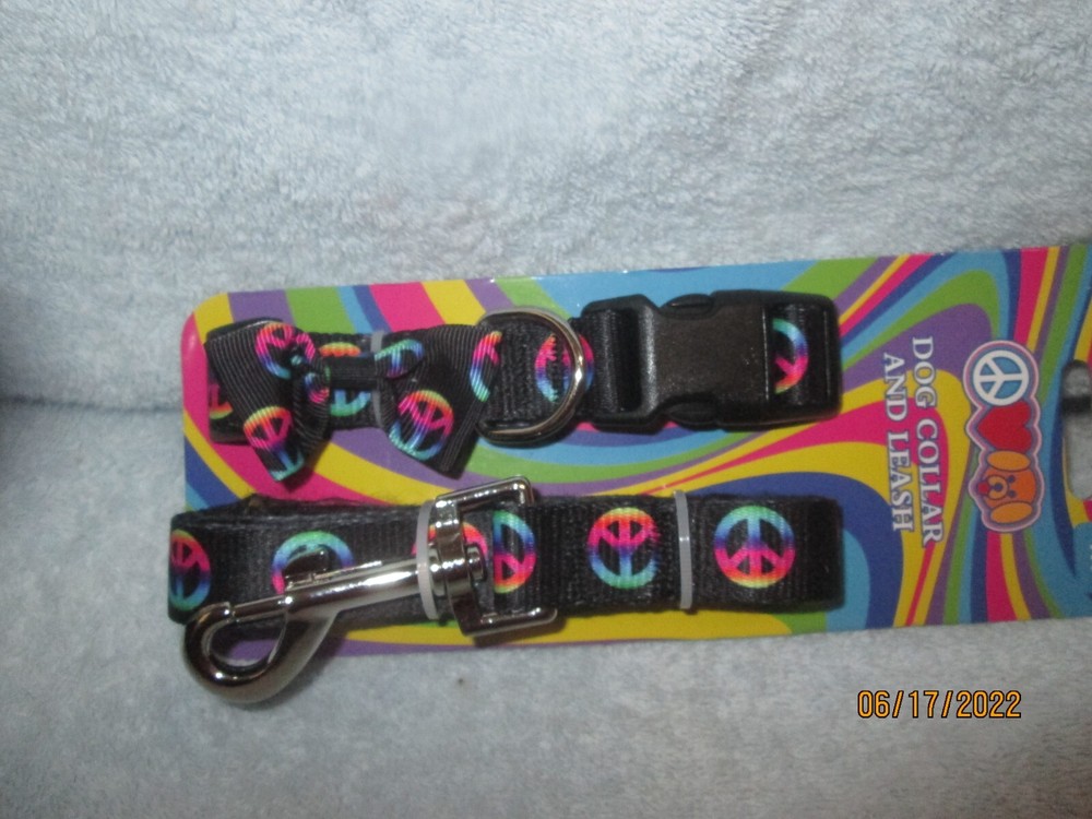 Dog Collar With Bow & Leash Peace Black Multicolor Medium See Pics For Sizing