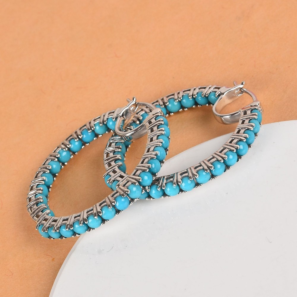 1.00 Ct Turquoise Hoop Earrings Prong Setting 925 Solid Sterling Silver