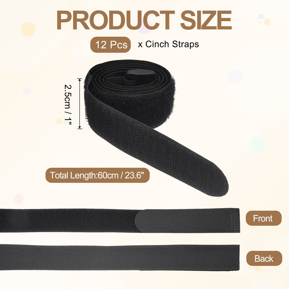 12pcs Reusable Cinch Straps 1"x23.6" Hook and Loop Cable Securing Straps, Black