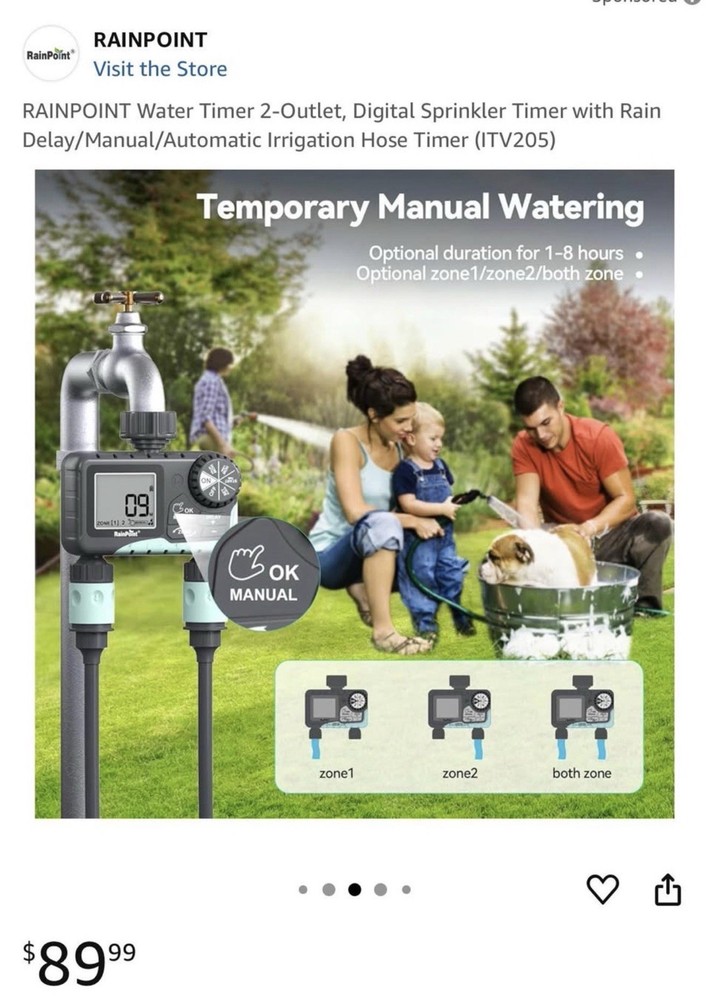 New RainPoint Programmable 2 Zone Water Timer - Model Number ITV205
