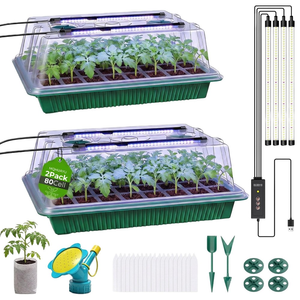Starter Tray with Grow Light, 2 Pack 80-Cell Seedling Starter Kit with Timer ...