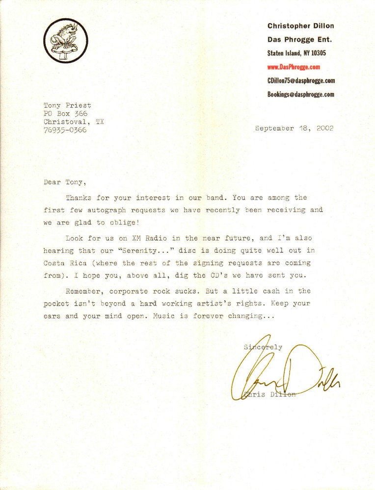 CHRISTOPHER DILLON - Singer / Guitarist - Das Phrogge - Autograph Letter