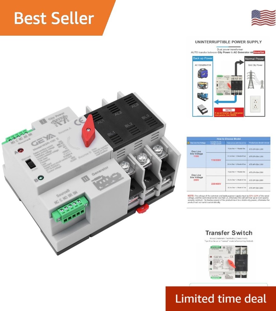 Automatic Transfer Switch Three Phase ATS 100A 220V Power Transfer Switch Din...