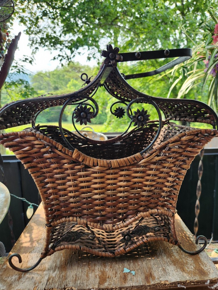 Vintage Rattan & Black Iron Magazine Rack/Portable Craft Sewing Storage w/Handle