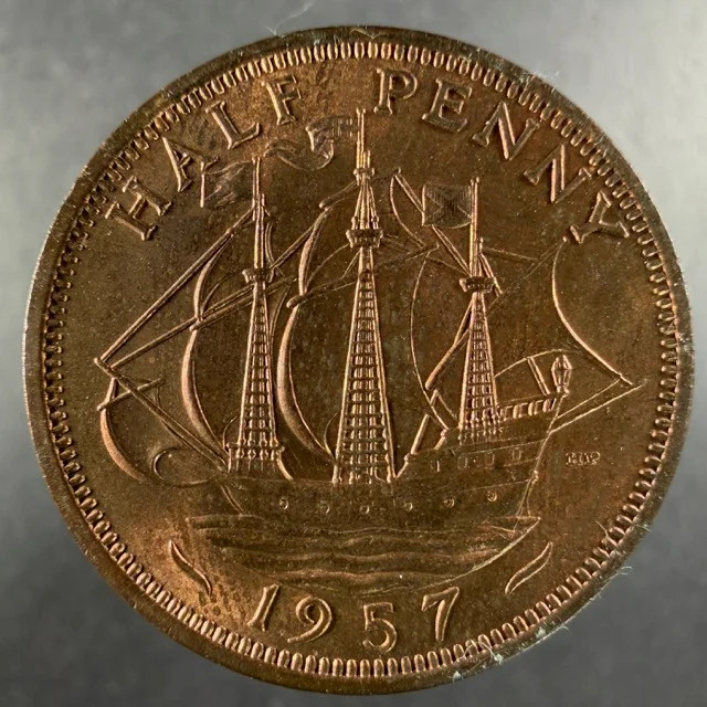 1957 Great Britain Half Penny Ship Reverse Sharp Features