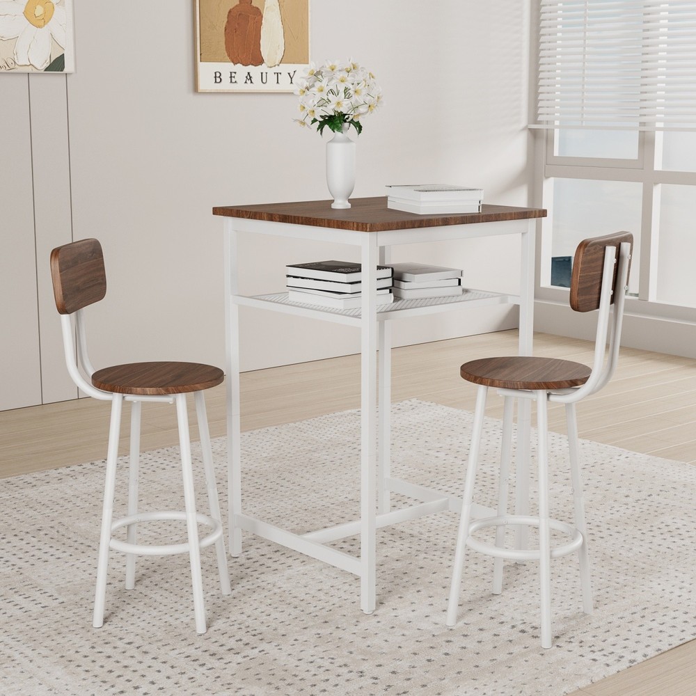 3 Piece Bar Table Set Counter Height Dining Kitchen Pub Table with 2 Stools