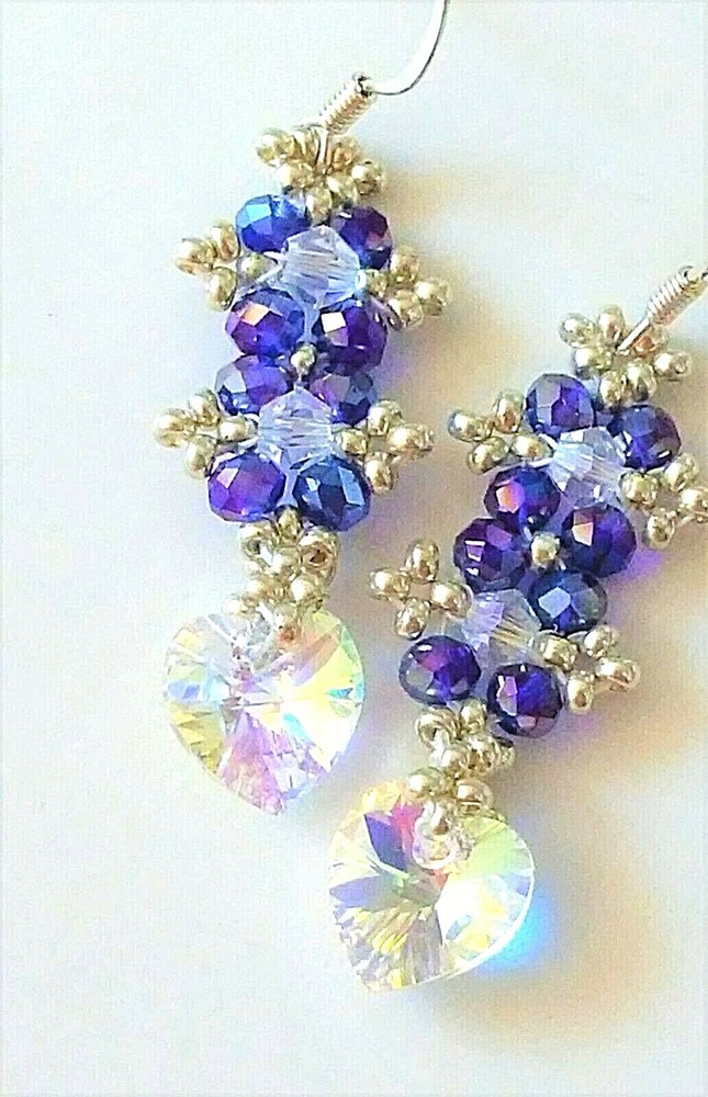 Handmade Blue Luster Crystal Heart Earrings