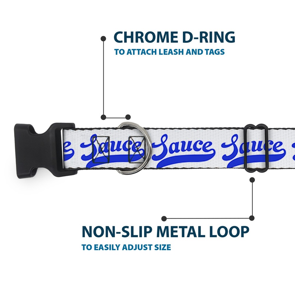 Plastic Clip Collar SAUCE Baseball Script White/Blue Medium 11-16.5"