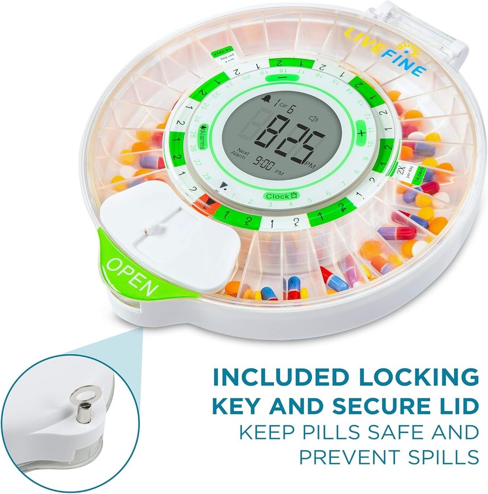 Automatic Pill Dispenser 28 Compartments, Large LCD, Key Lock, 4-Week Reminder