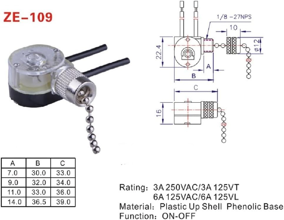 Silver Ceiling Fan Light Pull Chain Switch On-Off 2-Wire Certified