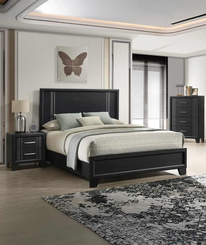 Contemporary Rich Charcoal Finish Queen Panel Bed 5pc Wooden Bedroom Set