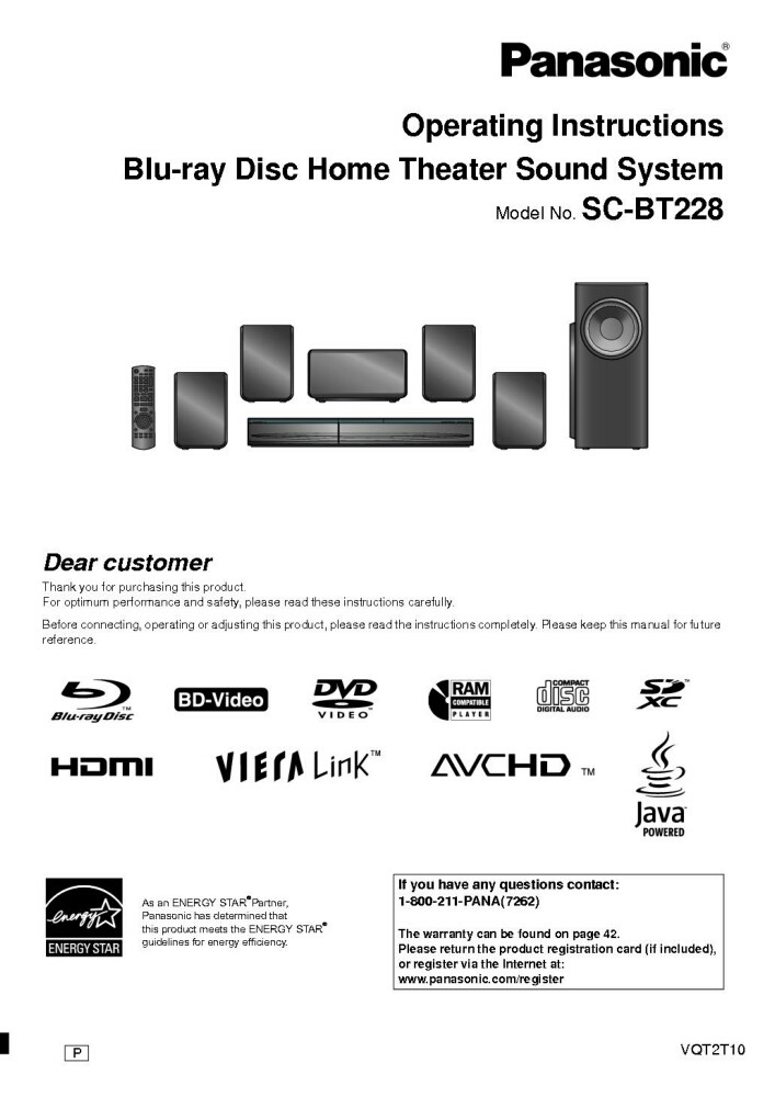 Panasonic SC-BT228 Home Theater System Owners Instruction Manual