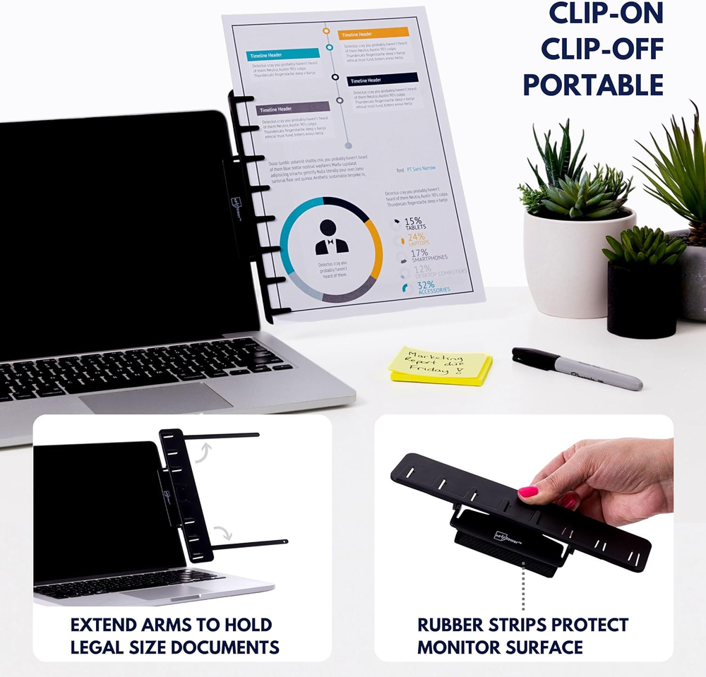 Monitor Document Holder: Clips to Laptops & Monitors, Reduces Eye Strain, Black