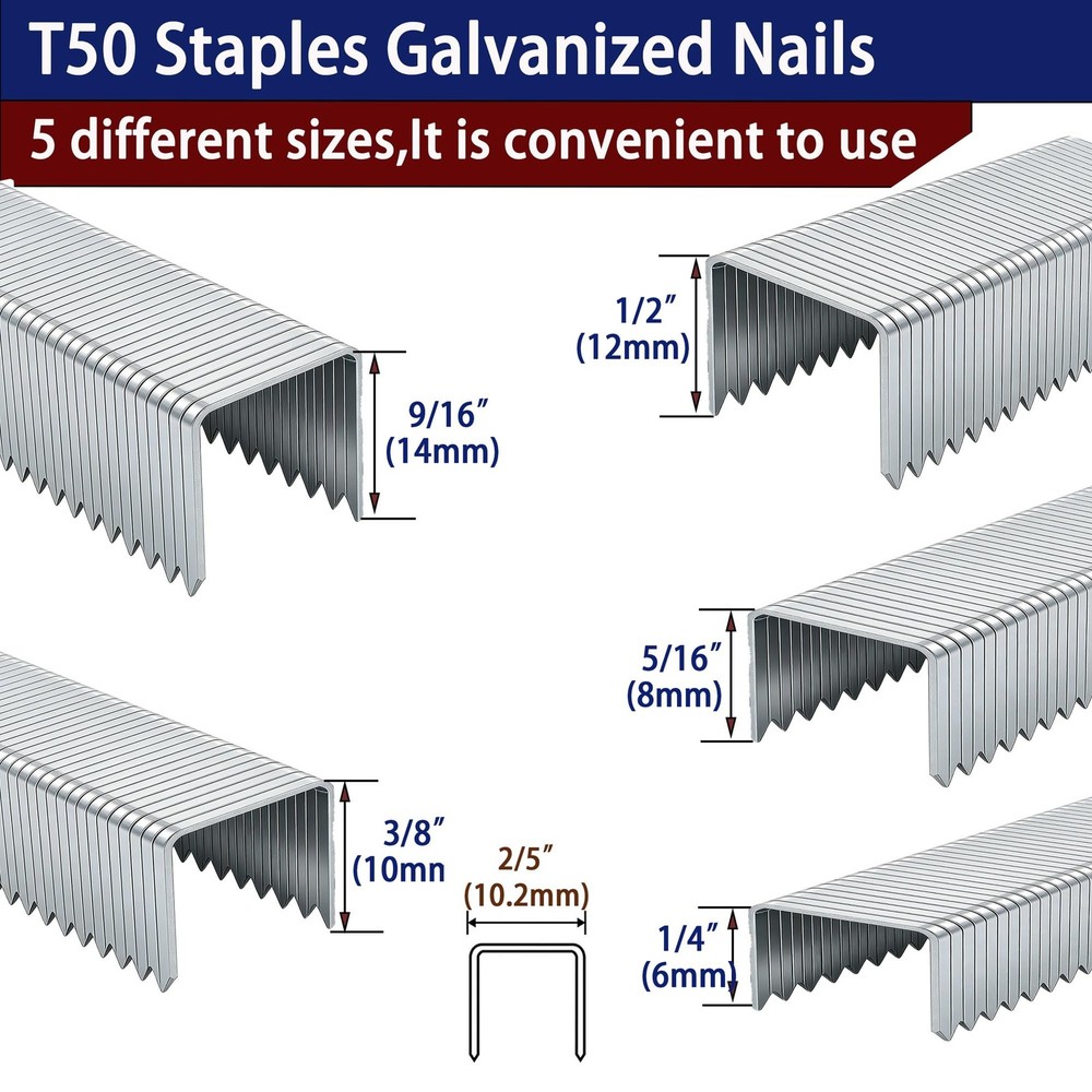 HW HAMWOO 20 Guage Galvanized T/50 Staples,5 Sizes Assorted Size Project Pack...