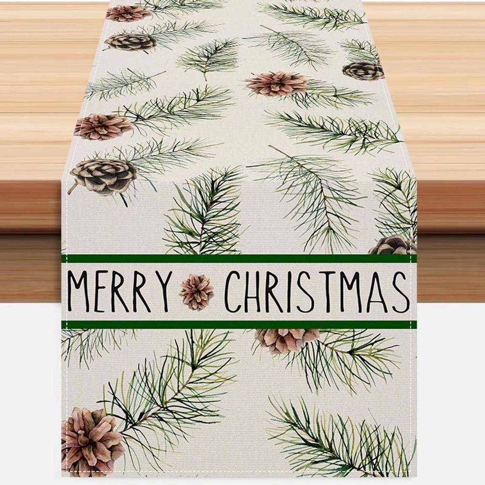 Pine Cones Christmas Table Runner 13x72 Inch Winter Pinecone Branches Merry C...