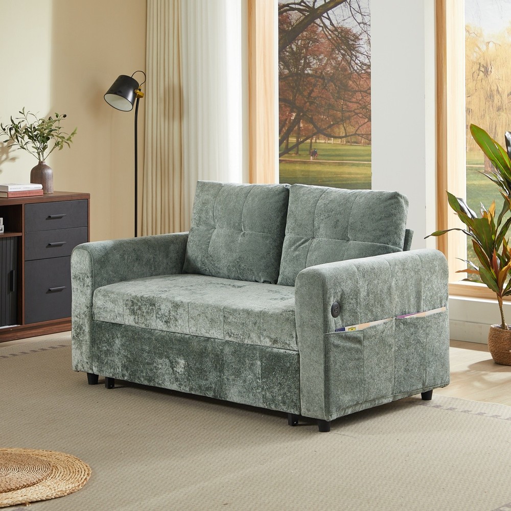 Chenille Sleeper Sofa Bed Loveseat Convertible with Pull Out Bed & USB Port