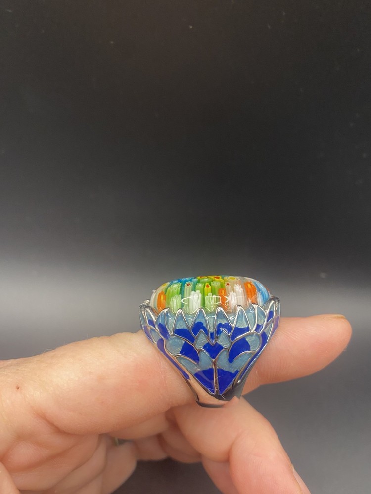 Dome Ring Enamel Millefiori flower statement size 7.5 bold funky chunky solid
