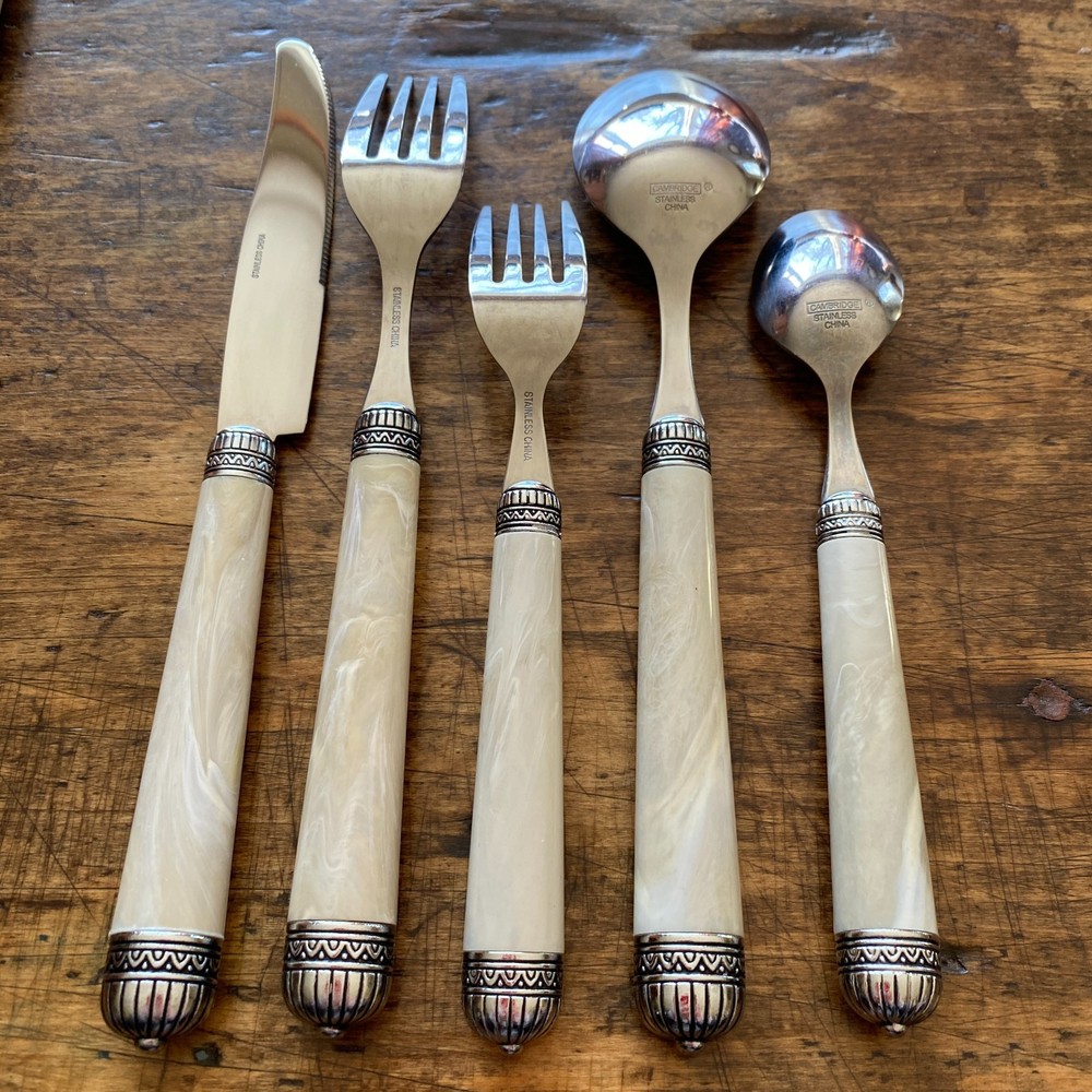 Cambridge Stainless Steel Flatware Cabaret Ivory Marbled Plastic Handle 30 PCS