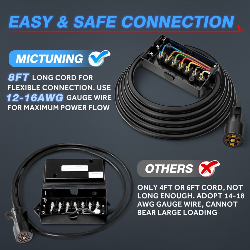 MICTUNING 8ft Trailer Cord 7 Way Plug Inline Junction Box 7-Pole Wiring Harness