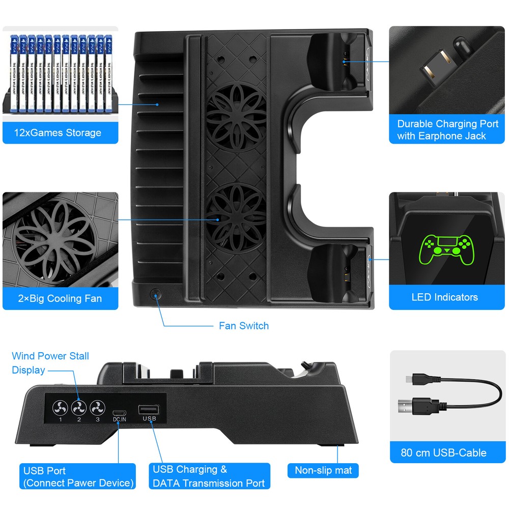 For PS4 Pro / Slim Vertical Stand + Cooling Fan Controller Charging Dock Station