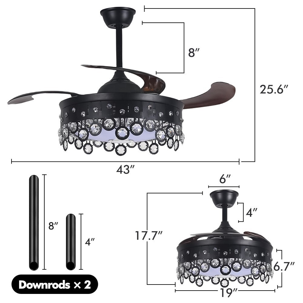 42" Black Colorful Bluetooth Crystal Invisible Fan Light with Remote Control