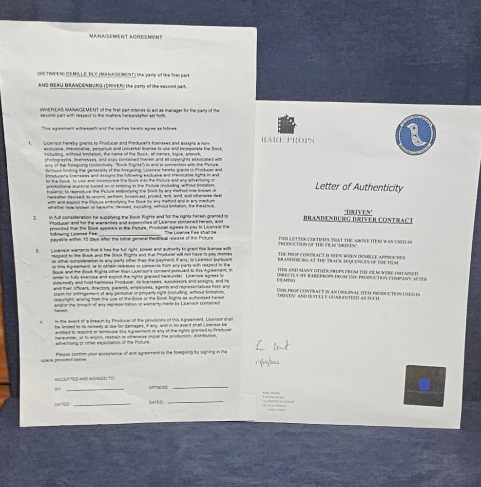 DRIVEN (2001 Sylvester Stallone, Burt Reynolds) Screen Used Prop Driver Contract