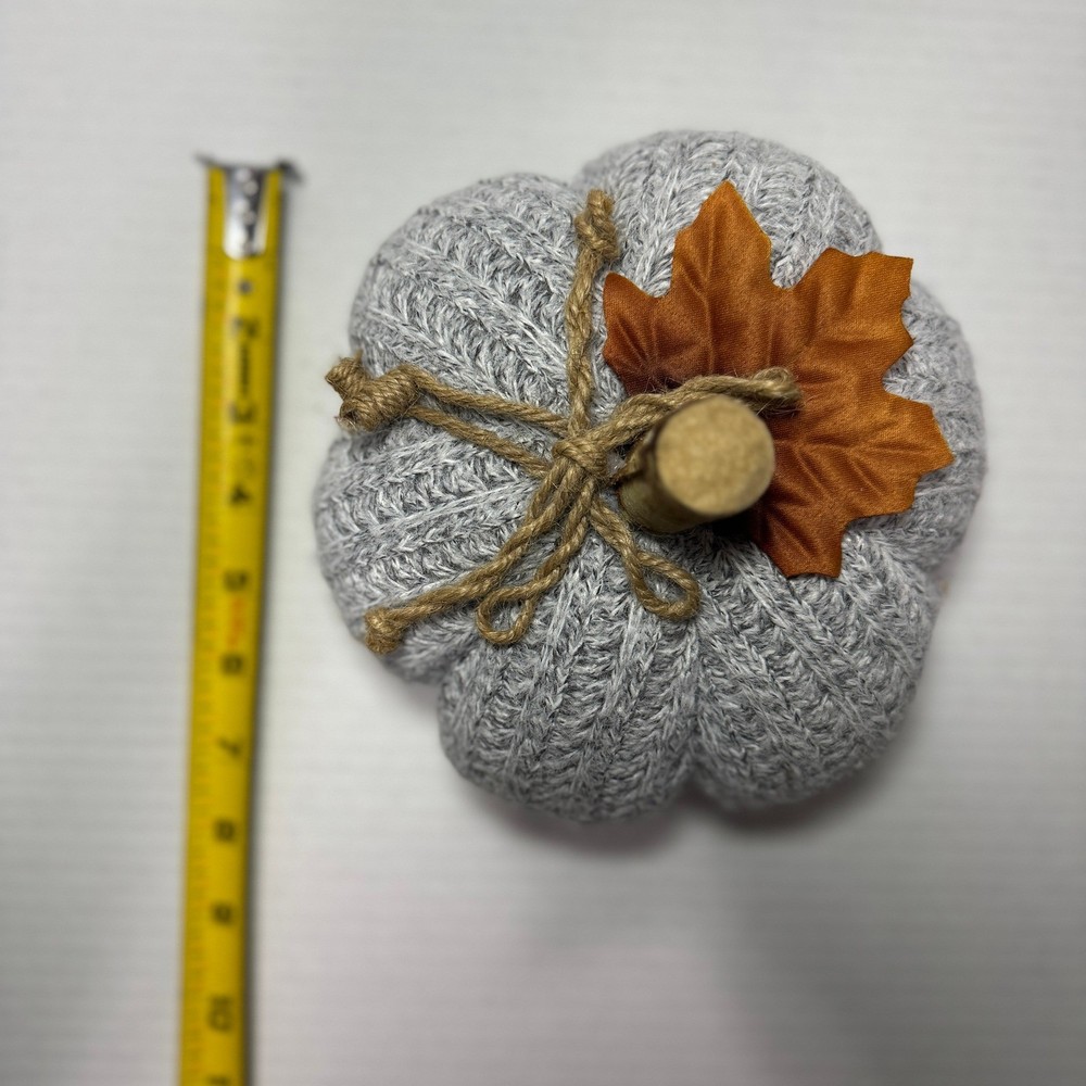 Gray Knit Sweater Pumpkin Fall Decor with Leaf, Rustic Farmhouse Style