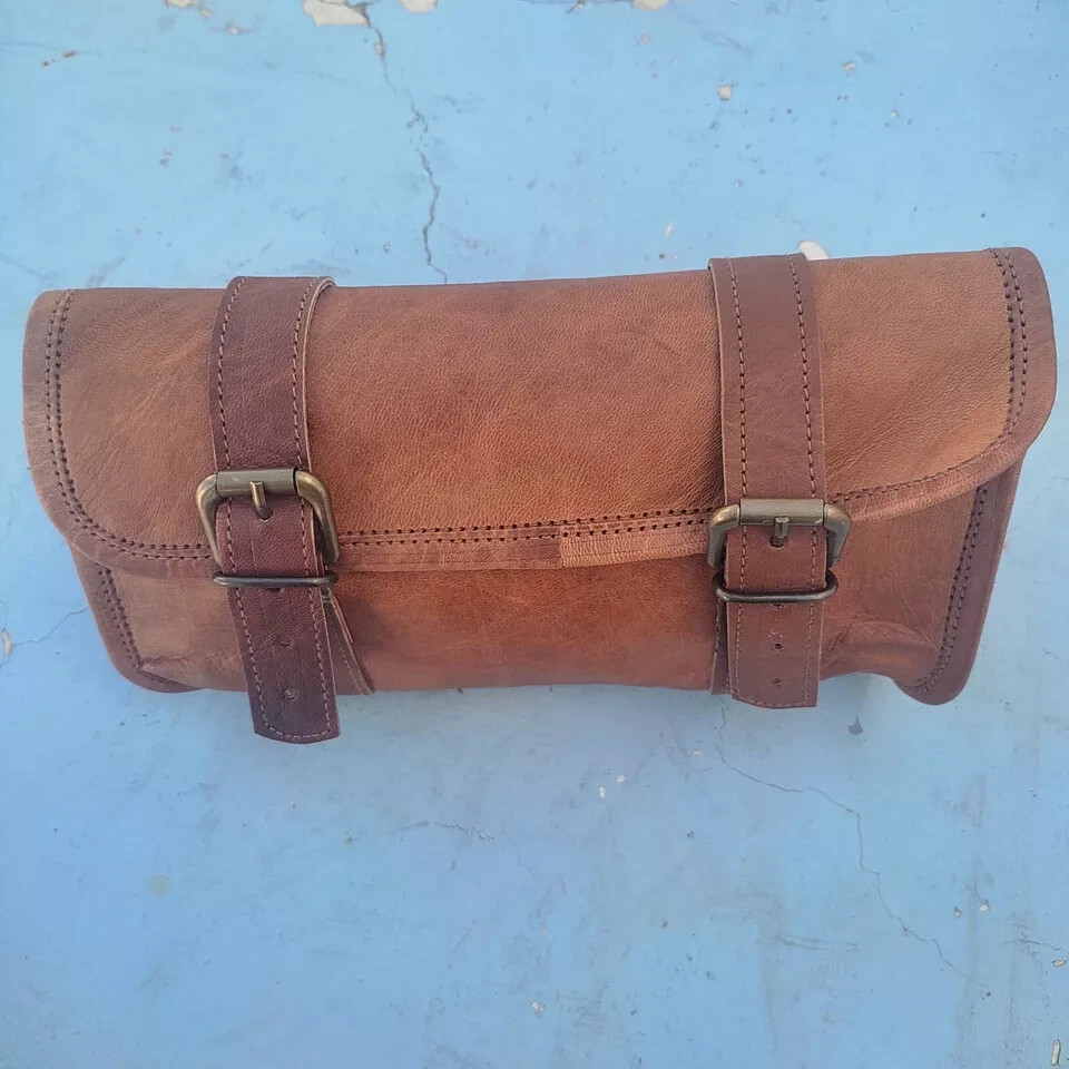 New Motorcycle Bag Leather Tool Buckle Fork Strap Closure Vintage Pouch Front