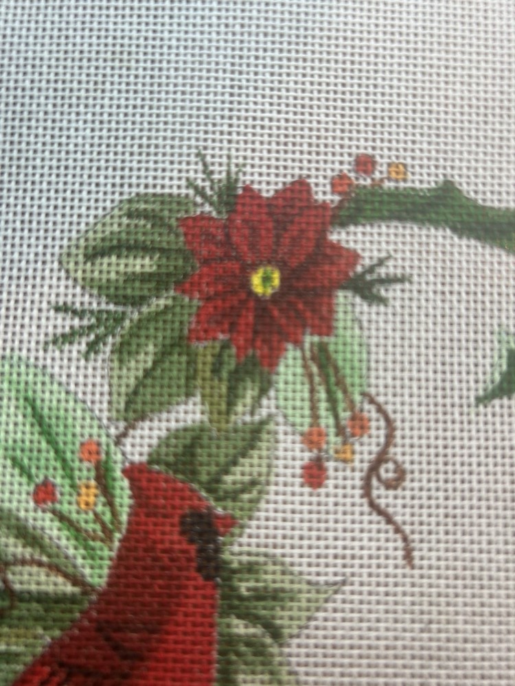 Cardinal Wreath hand painted needlepoint 18 mesh 8" x 8"