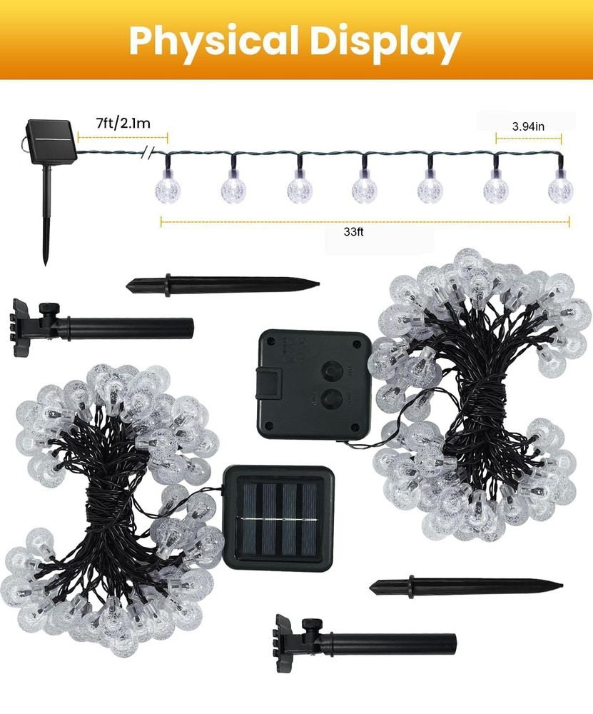 2 Pack 66FT 200LED Outdoor Solar Globe String Lights Ball Bubbles 8 Modes Yellow