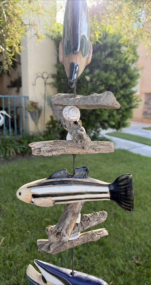 Hazel Olsen Attributed Driftwood Fish Pottery Shells Wind Chime Wall Hanging