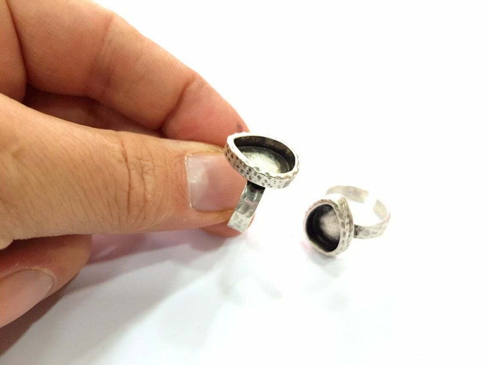 Drop Ring Hammered Blank Base Bezel Setting Antique Silver Brass Adjustable