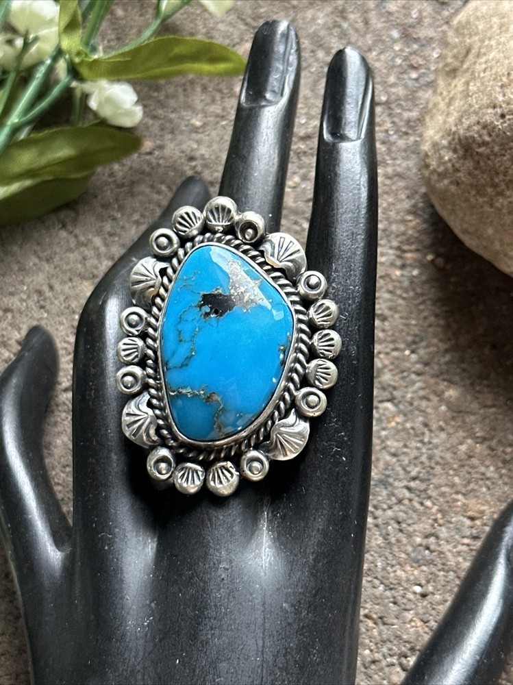 Native American Sterling Silver Turquoise Adjustable Ring. KY
