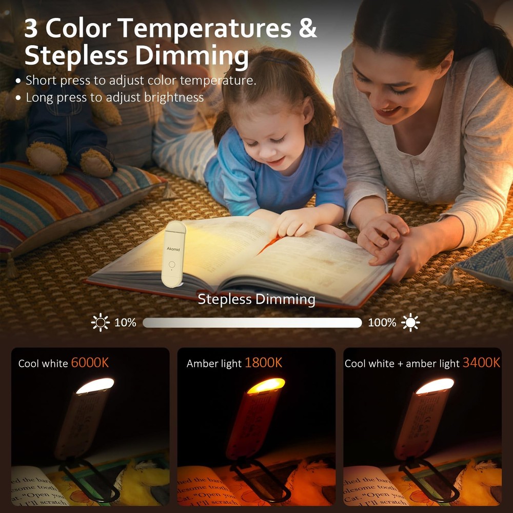 Khaki USB Rechargeable Clip-On Book Light 8 LEDs Eye-Cared Amber Light