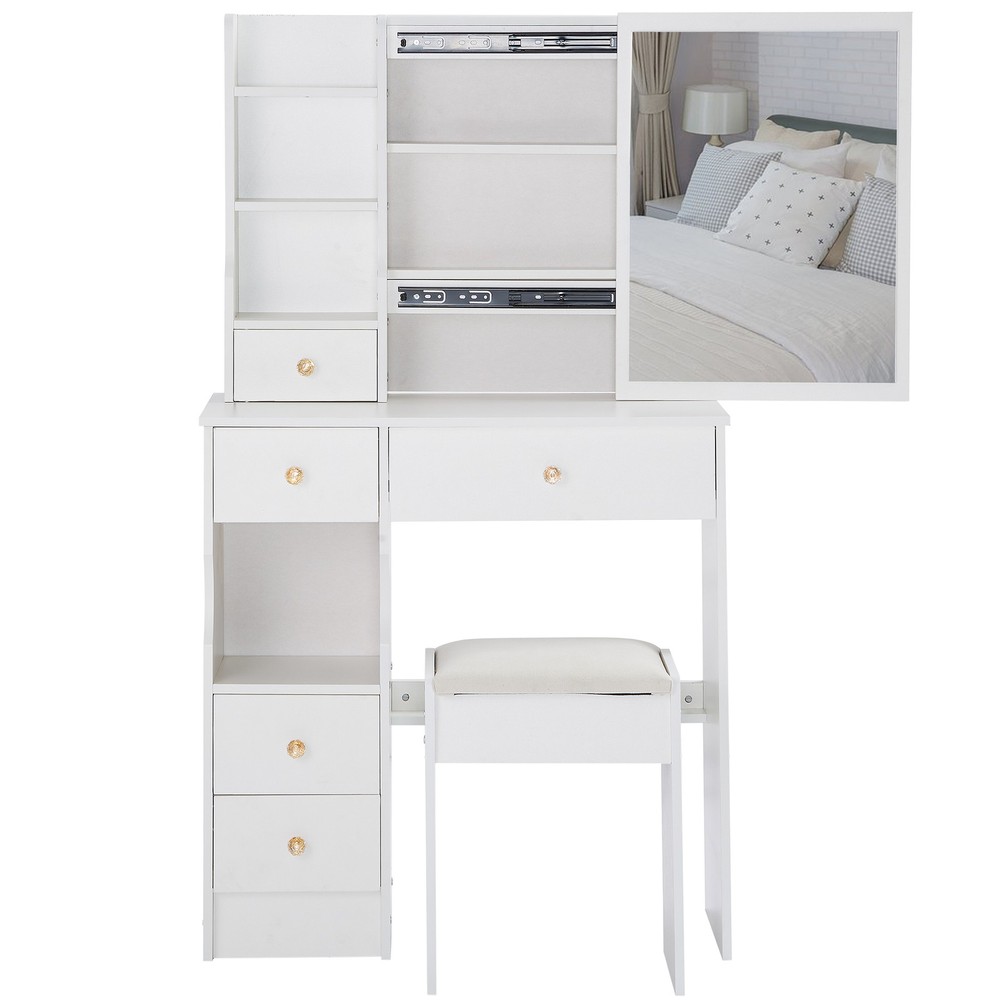 29.2" Small Space Left Drawer Desktop Vanity Table + Cushioned Stool, Extra La