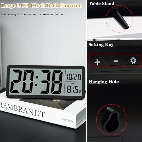 Digital LCD Wall Clock Easy to Set, 8.5 Inch LCD Screen with Black