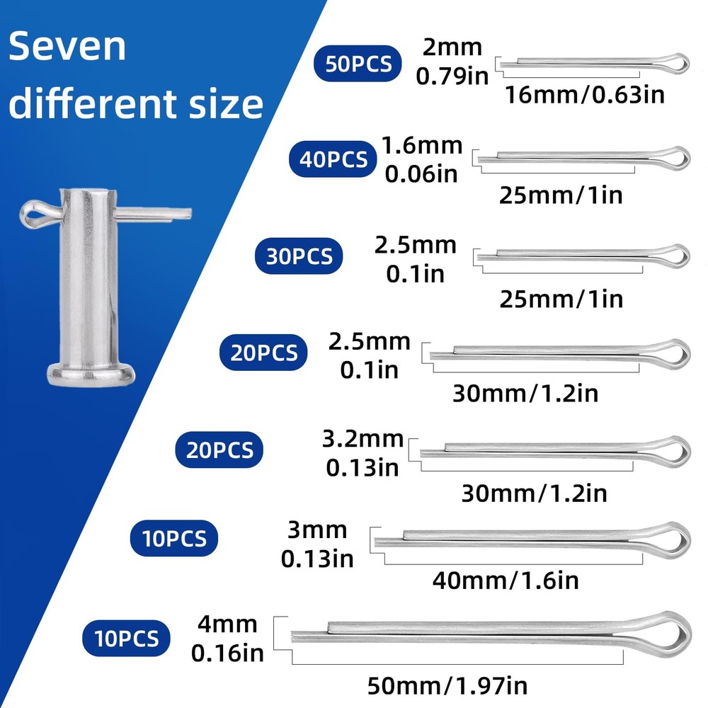 180 Pcs Cotter Pins Assortment Kit, 7 180PCS-Seven different sizes, Silver