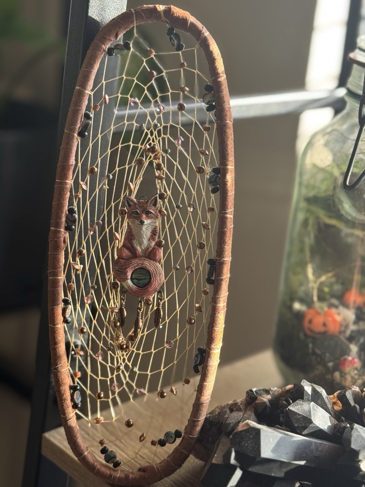 Handmade Fox Dreamcatcher Wall Hanging Abalone Copper Beads Boho Decor
