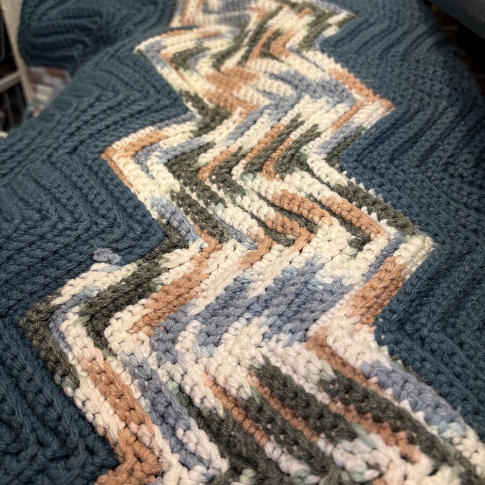 Vintage Crocheted Chevron Pattern Throw Blanket 83”x33” Handmade Afghan