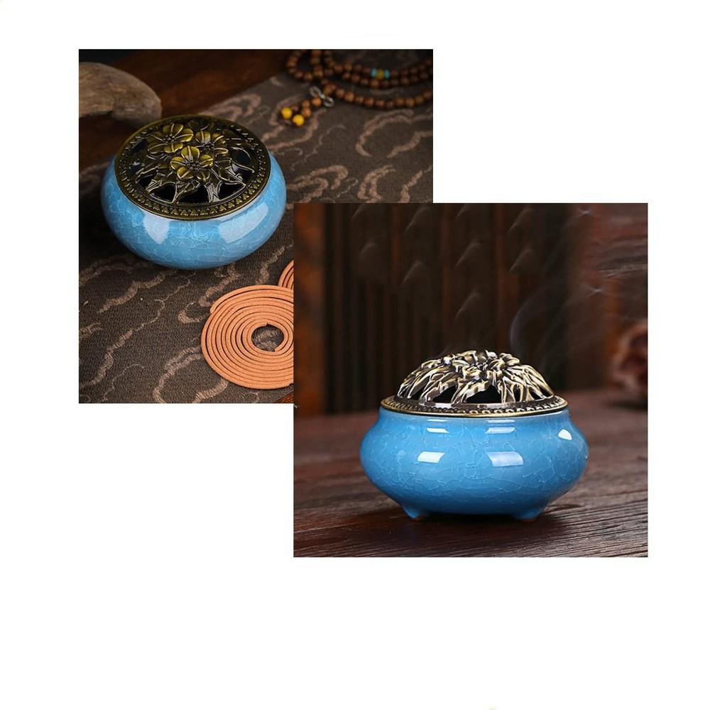 Ceramic Incense Burner, Burner with Lid, Cone Medium, Blue