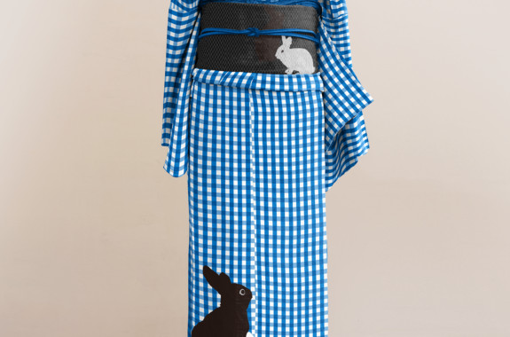 Lined Kimono (Gingham Rabbit, Blue) SAK-RMK1011a