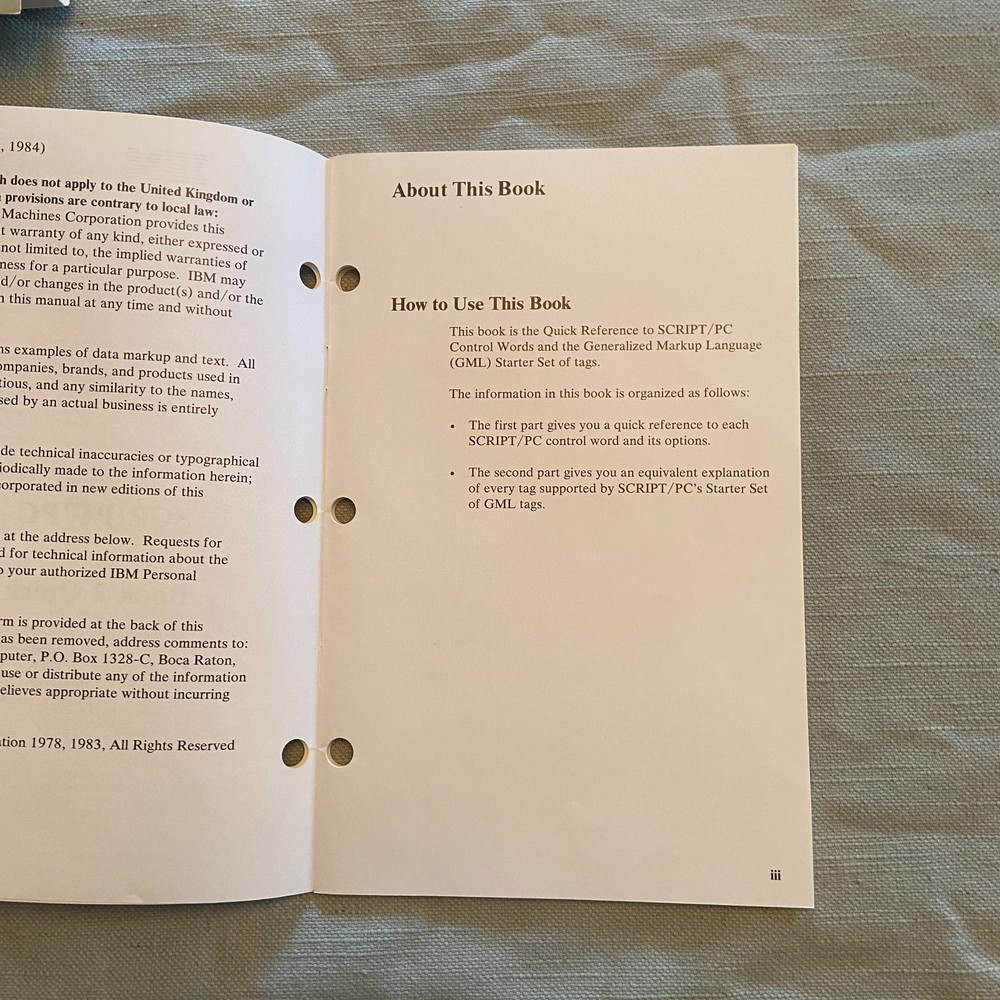 IBM Software Script/PC Book 1 2 3 1st Edition 1984 How To Quick Reference Manual