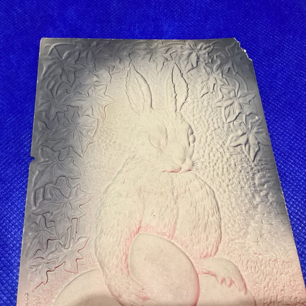 Antique Easter Greeting Card - Embossed Rabbit with eggs
