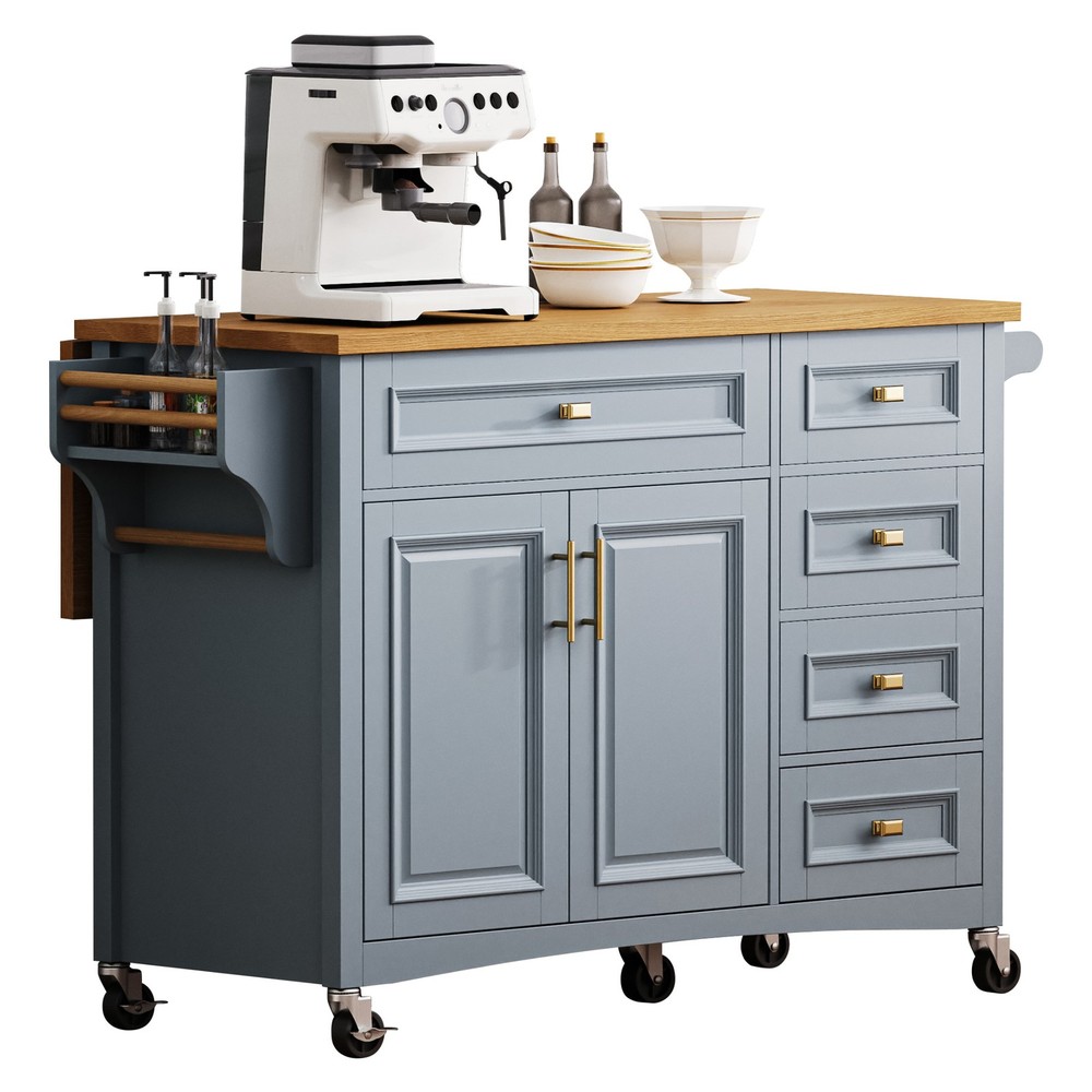 K&K 52'' Kitchen Island with Drop Leaf, Embossed Texture Kitchen Island on Whe